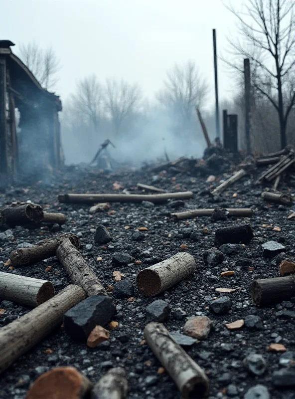 Ruins of a burned-down house, with smoke still rising from the debris.