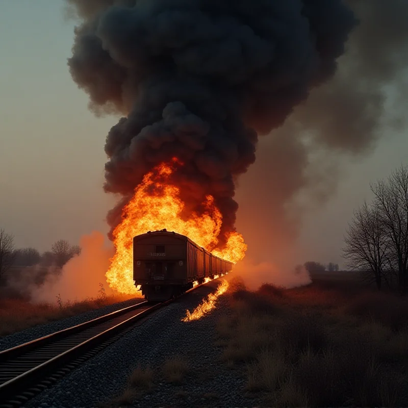 Dramatic image of a train on fire with thick black smoke billowing into the sky