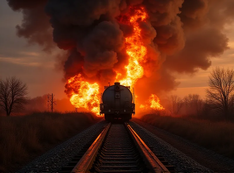 A train explosion with black smoke billowing, firefighters battling the blaze.