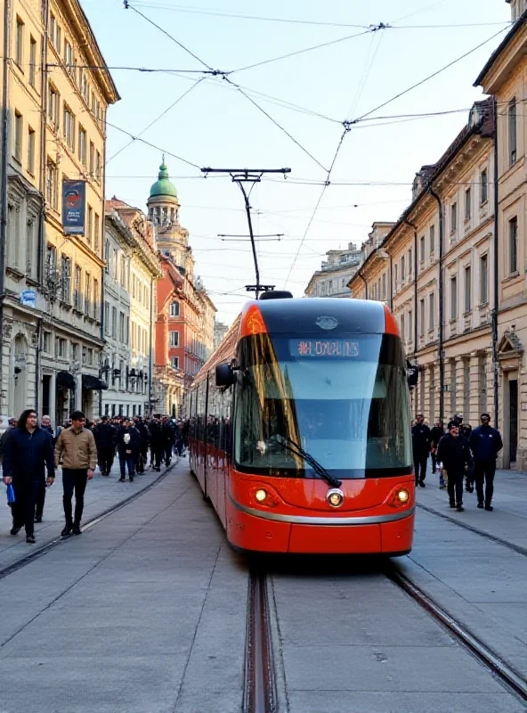 A tram traveling down a street in Plzeň, Czech Republic.