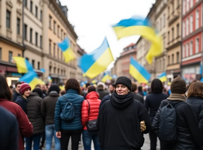 Crowd of people walking down a street in Prague with Ukrainian flags visible.