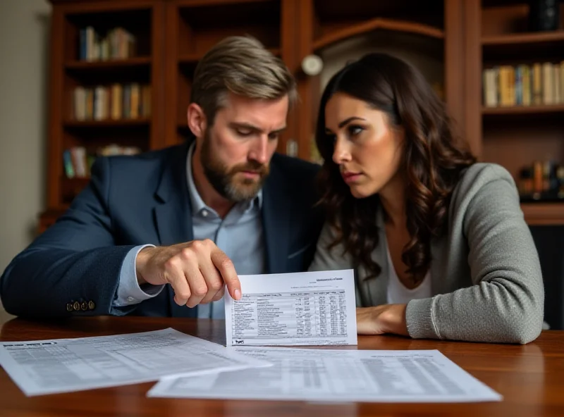 Couple reviewing tax documents at a table.