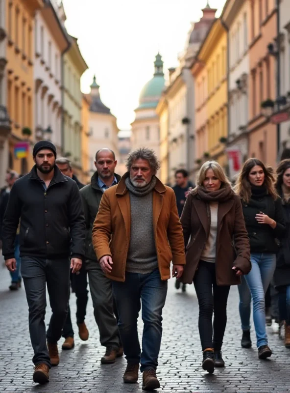 Diverse group of people walking in a Czech city, including Ukrainians and Czechs.