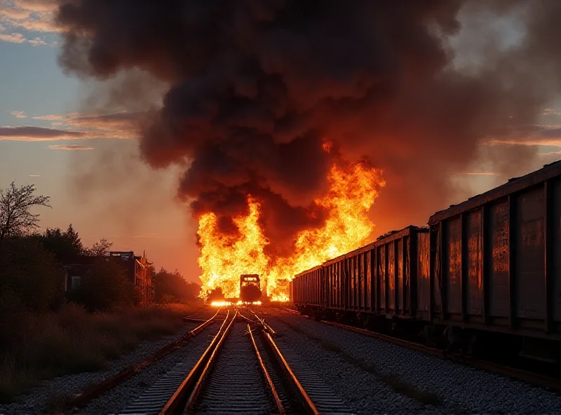 Firefighters battling a train fire with dark smoke billowing into the sky