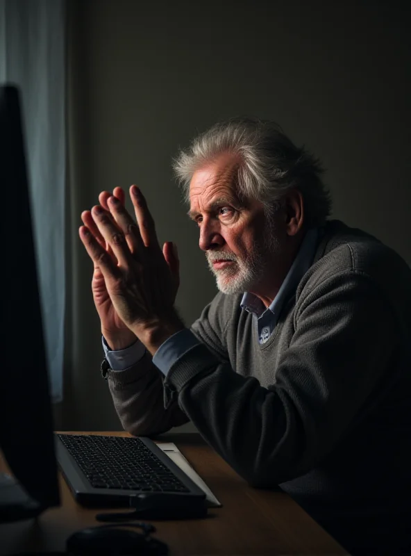 An elderly man looking worried at his computer screen