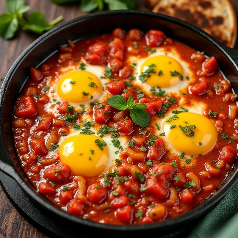 A colorful plate of shakshuka, a Middle Eastern and North African dish of eggs poached in a sauce of tomatoes, chili peppers, onions, and spices.