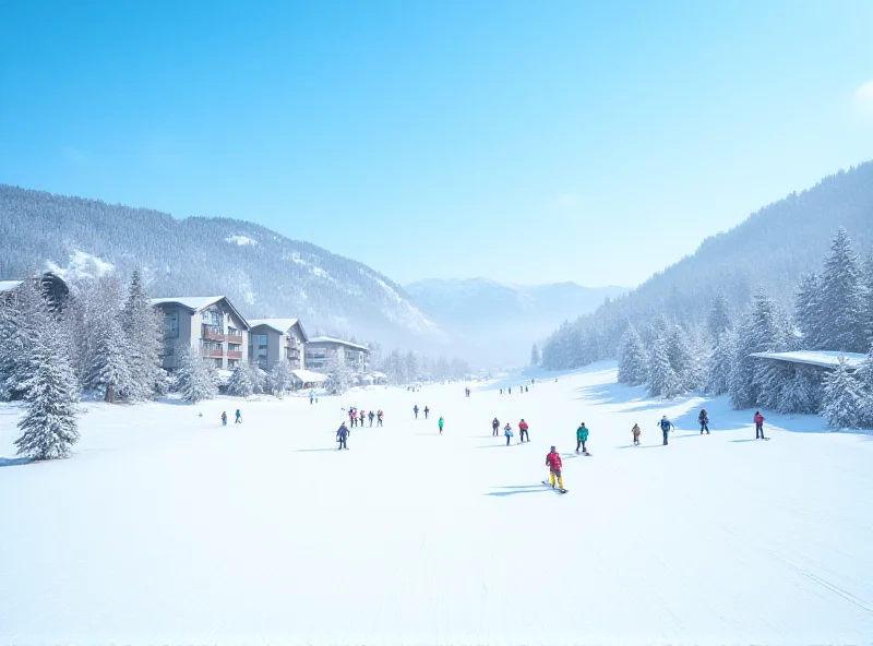 A scenic view of the Ischgl ski resort in Austria during winter, with skiers on the slopes and snowy mountains in the background.