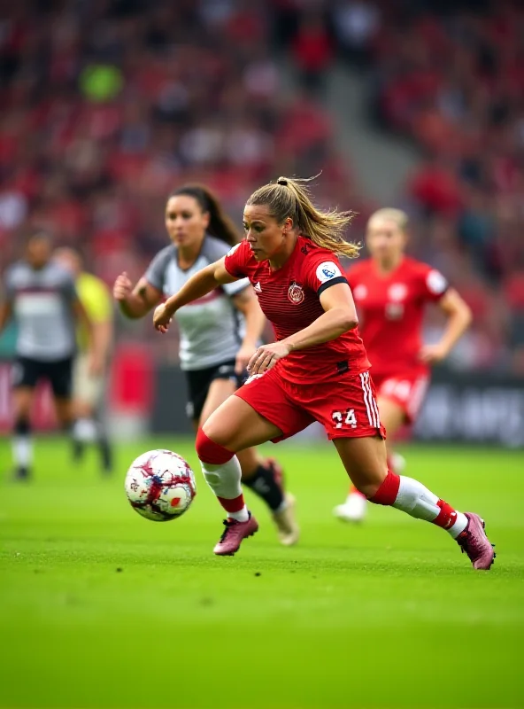 A dynamic action shot of a German women's football player kicking the ball during a Nations League match against Austria, with other players and the stadium crowd visible in the background.