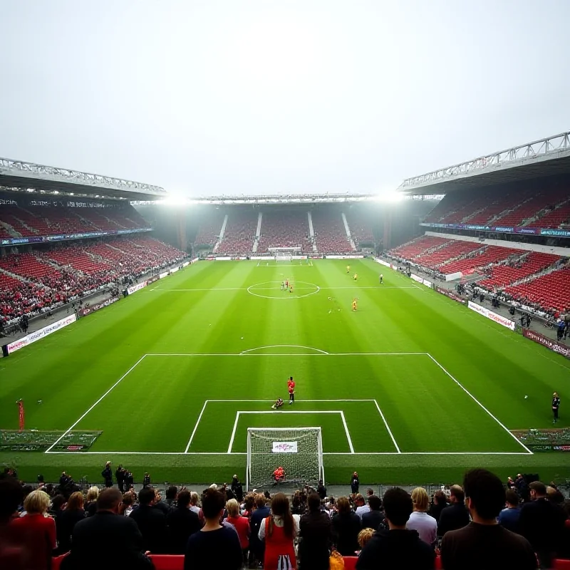 A wide shot of Hampden Park during the Women's Nations League match between Scotland and the Netherlands, showing the players on the field and the crowd in the stands.