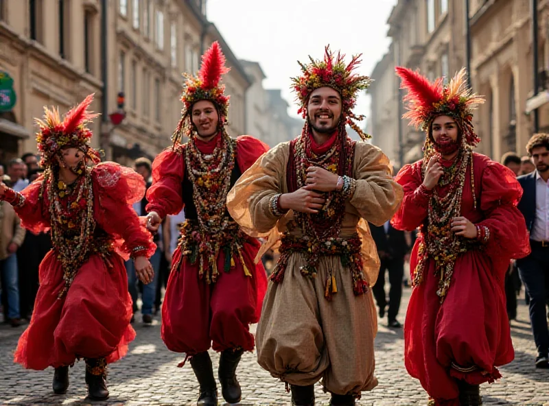 A lively Carnival parade with people in traditional Haná folklore costumes dancing in the streets of Velká Bystřice. The scene is filled with color and energy, showcasing the rich cultural heritage of the region.