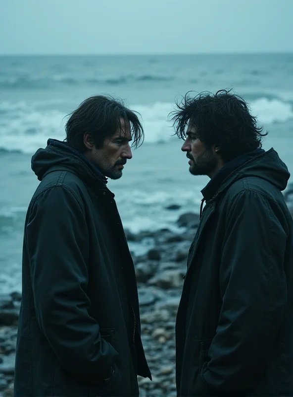 A dramatic scene from the Support Lesbiens music video 'Dublin', showing Josef Czenda Urbánek confronting Dušan Mark on a rocky beach with a stormy sea in the background. The atmosphere is tense and emotional.