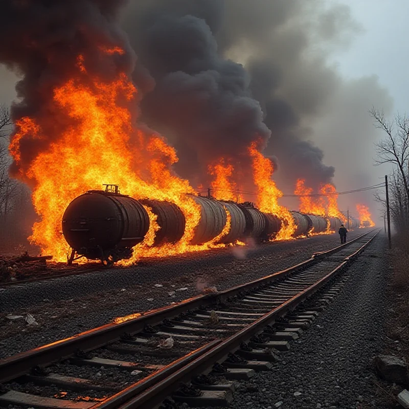 Train derailment with smoke and flames