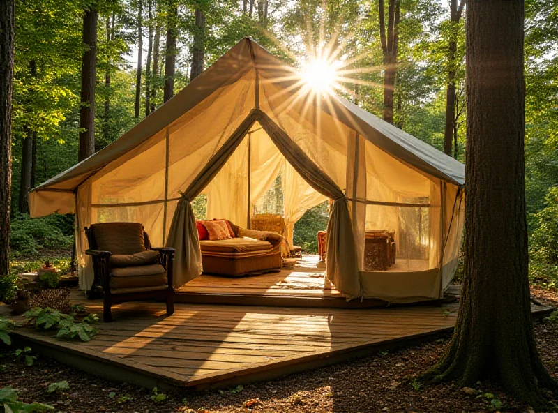 A luxurious glamping tent nestled among trees.