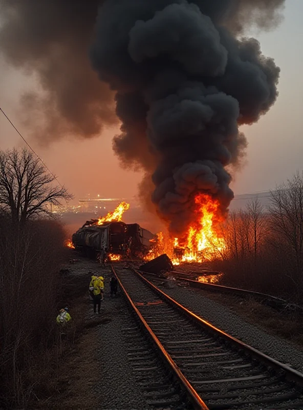 A derailed train with flames and black smoke rising.