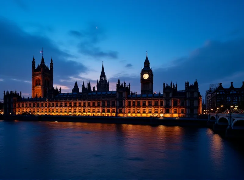 The Houses of Parliament in London at dusk.