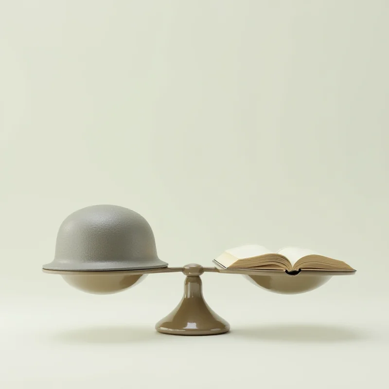 A scale balancing a military helmet on one side and an open book on the other.