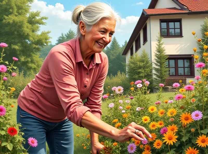 Illustration of a Czech senior citizen enjoying retirement, perhaps gardening or playing with grandchildren.