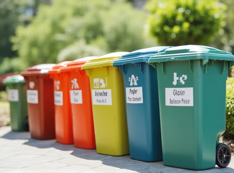 Garbage bins for recycling in various colors and materials, arranged neatly in a row.