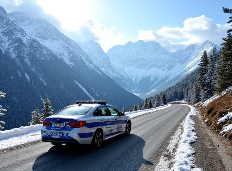 A police car parked on a mountain road in the High Tatras, with snow-capped peaks in the background.