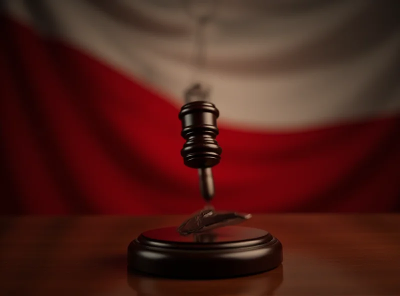 A gavel hitting a sounding block in a courtroom setting, with the Czech flag subtly visible in the background.