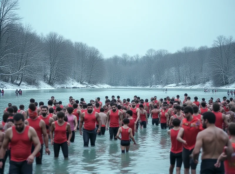 A large group of people in swimsuits standing at the edge of a frozen lake, preparing to enter the water, with a snowy landscape in the background.