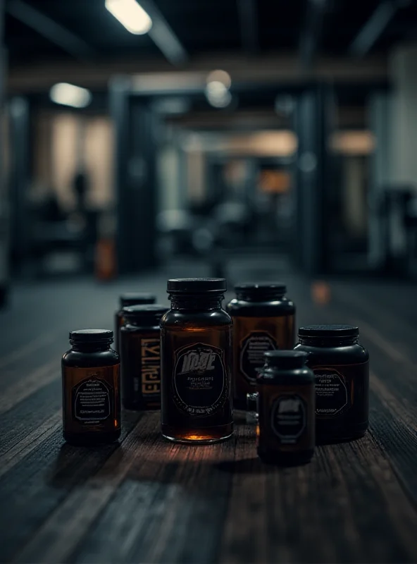 A close-up shot of various supplement bottles and containers, arranged on a dark wooden surface, with a blurred background of a gym.