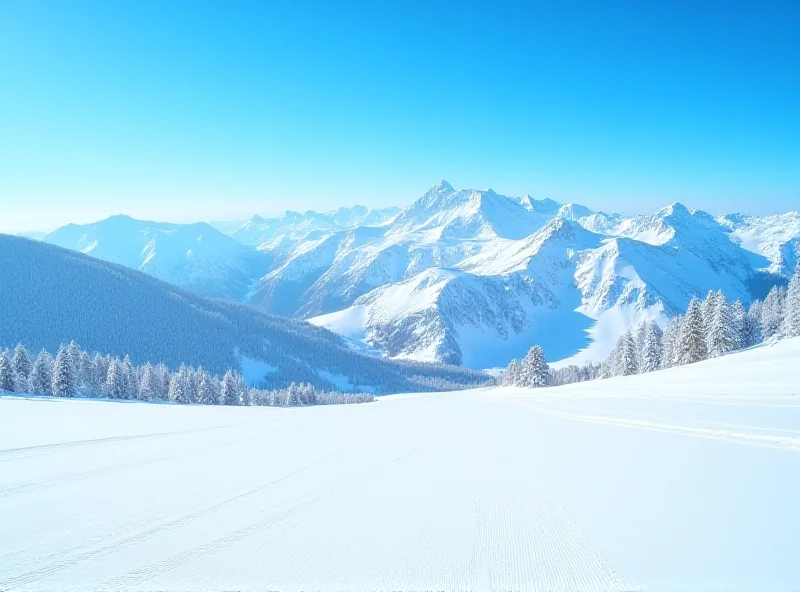 A snowy mountain landscape with ski slopes, taken on a bright sunny day. In the distance, there are snow-capped peaks and a clear blue sky.