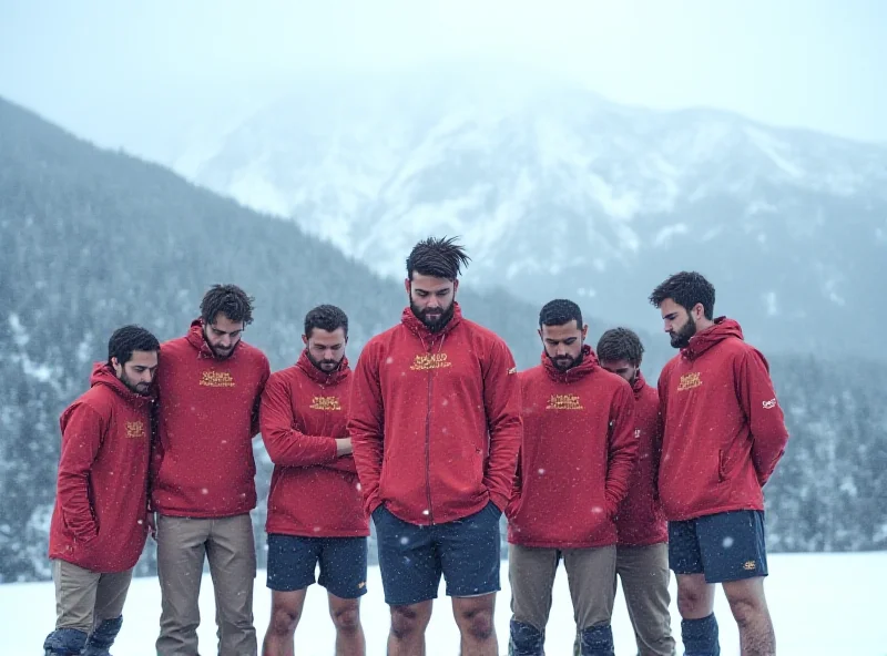 A group of athletes looking dejected after a competition, with snow-covered mountains in the background.