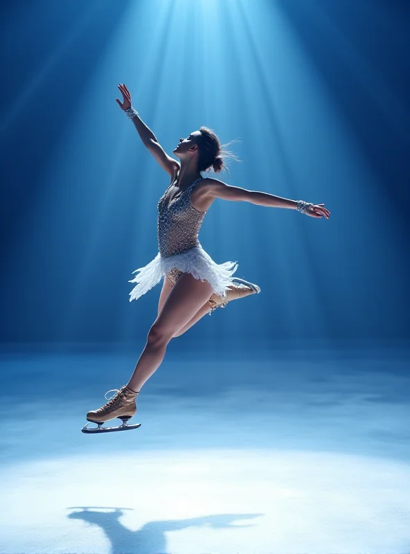 A figure skater gracefully performing a jump during a competition, with bright spotlights illuminating the ice.