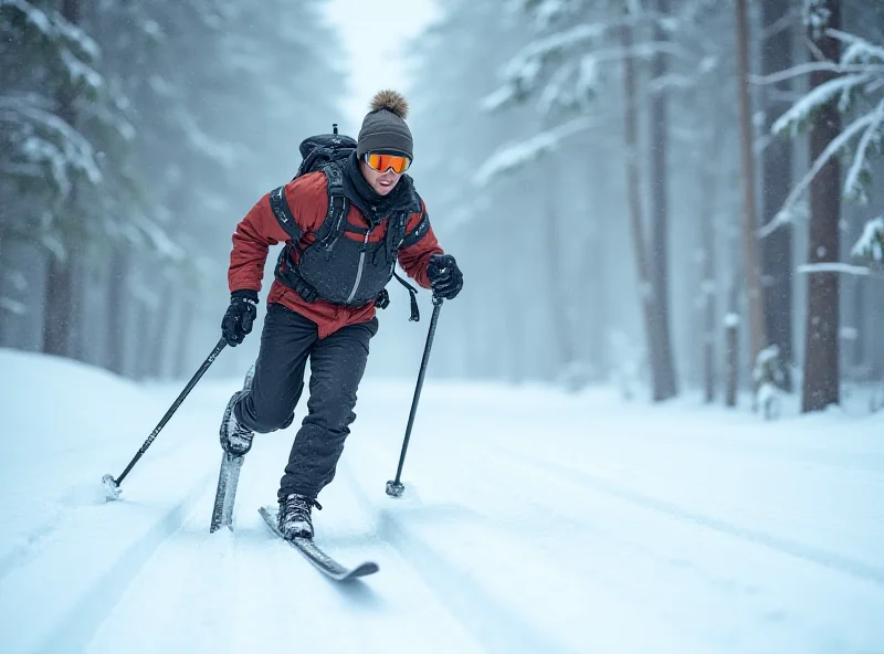 A biathlete skiing through a snowy forest, carrying a rifle on their back.