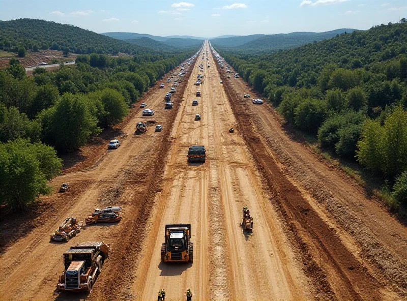 Aerial view of highway construction site with heavy machinery.