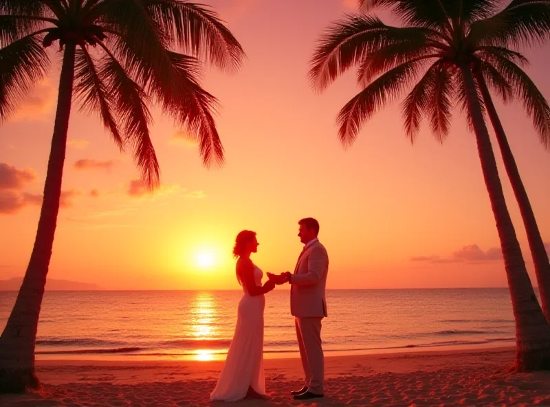 A couple getting married on a Hawaiian beach at sunset