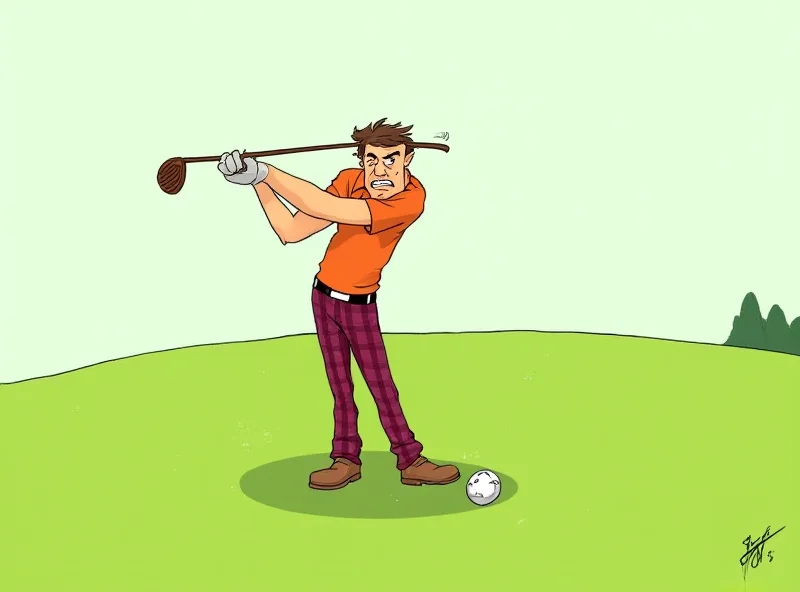 Cartoon of a frustrated golfer swinging his club in anger.