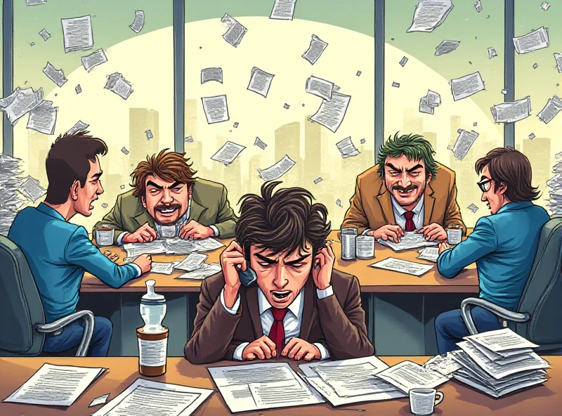 Cartoon depicting a chaotic office scene with stressed employees and overflowing paperwork.