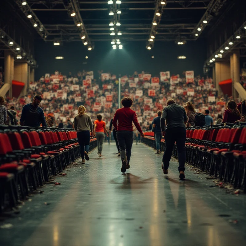 A chaotic scene with people running in a convention center.