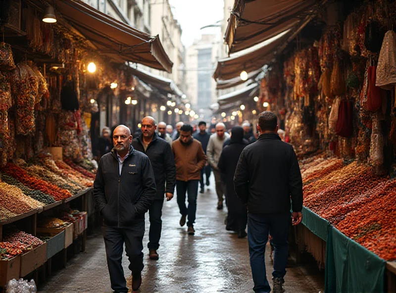 Crowded Damascus market with people walking and stalls selling goods, vibrant colors, bustling atmosphere.