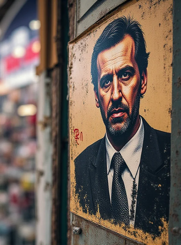 A defaced poster of Bashar al-Assad in a Damascus market, showing signs of wear and tear and graffiti, conveying a sense of resistance.