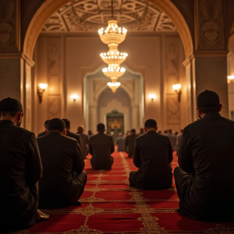 People praying in a mosque in Damascus during Ramadan, a sense of community and devotion, soft lighting and traditional architecture.