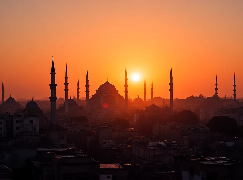 A panoramic view of Damascus at sunset, showing the cityscape with minarets and ancient buildings bathed in warm light, symbolizing hope and resilience.