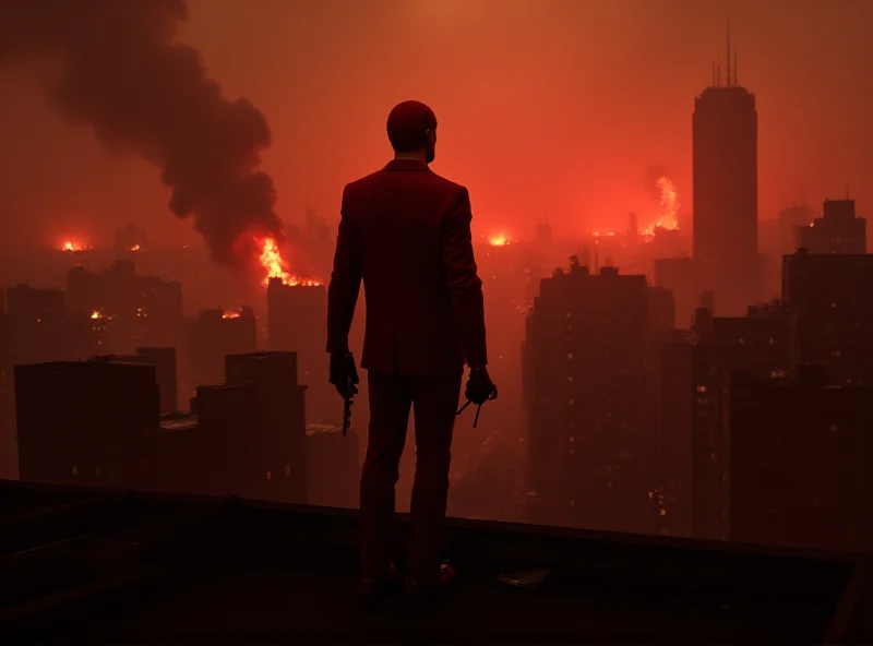 Daredevil silhouetted against a fiery cityscape