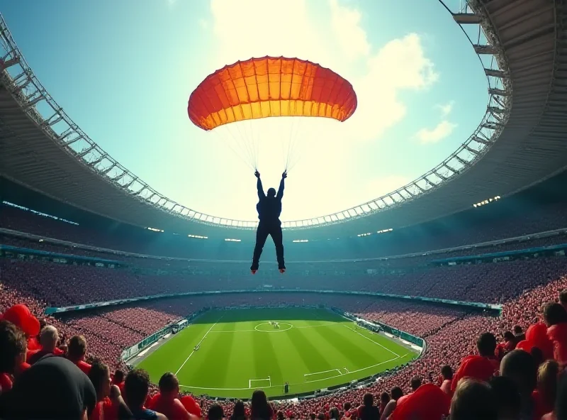 A person parachuting into a stadium, with dramatic lighting and a sense of danger