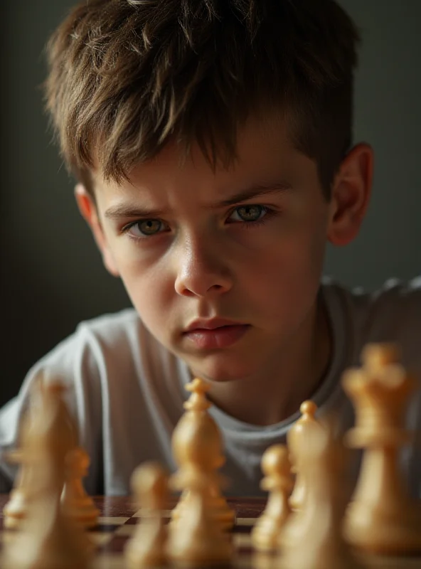 A ten-year-old boy intensely focused on a chess board, deep in thought.