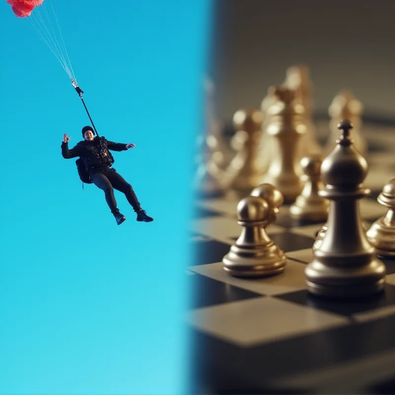 A split image showing a parachutist in mid-air on one side and a chess board with pieces on the other.