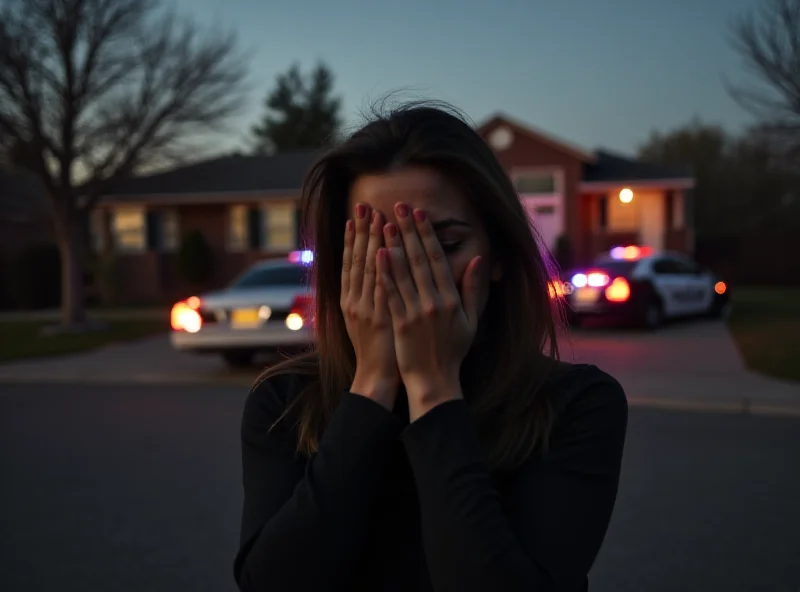 Woman looking distressed in front of a house with police cars in the background.