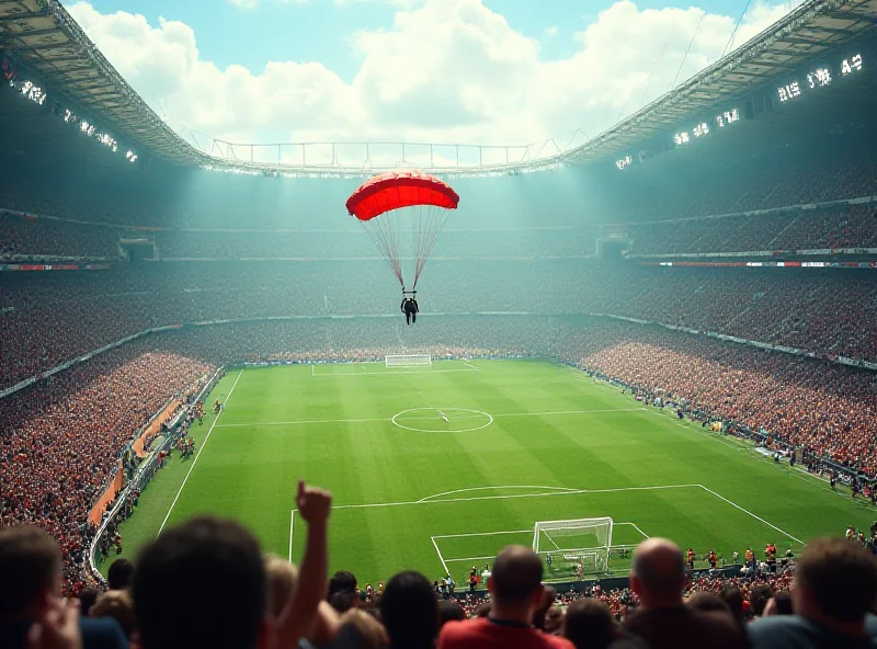 A person parachuting into a crowded soccer stadium during a game.