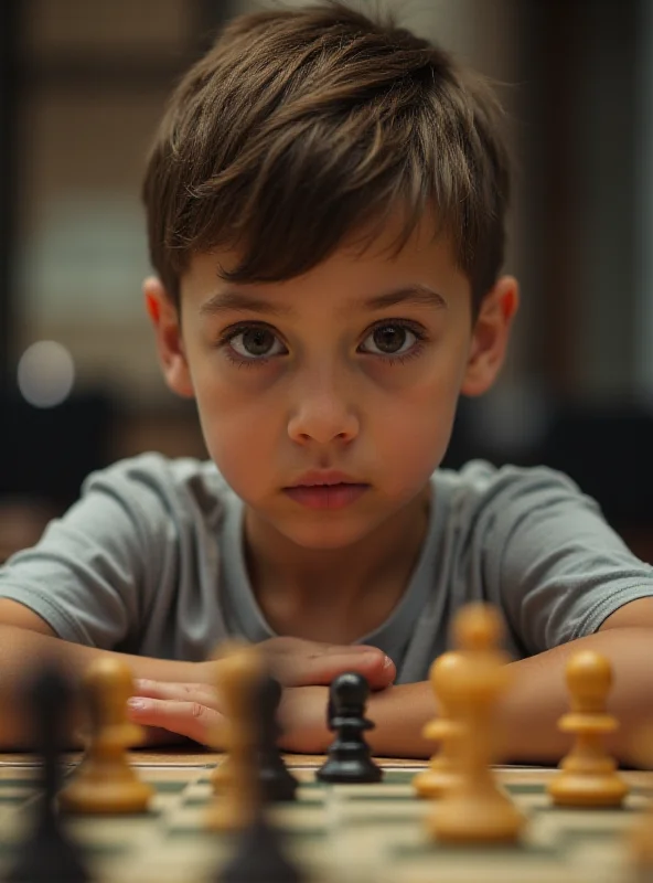 A young boy intensely focused on a chess board, contemplating his next move during a tournament.