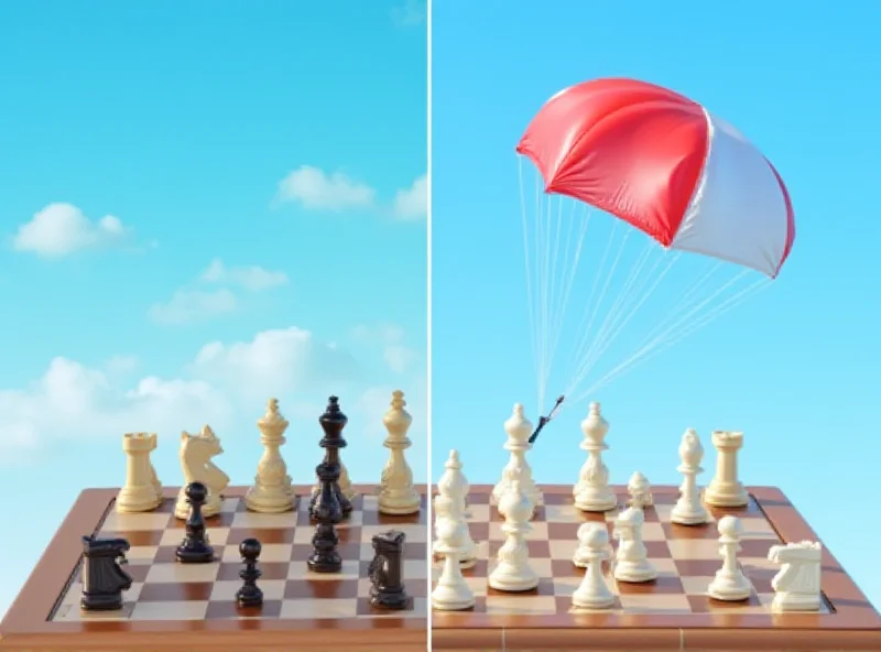 A split image showing a chess board on one side and a parachute opening against a blue sky on the other.