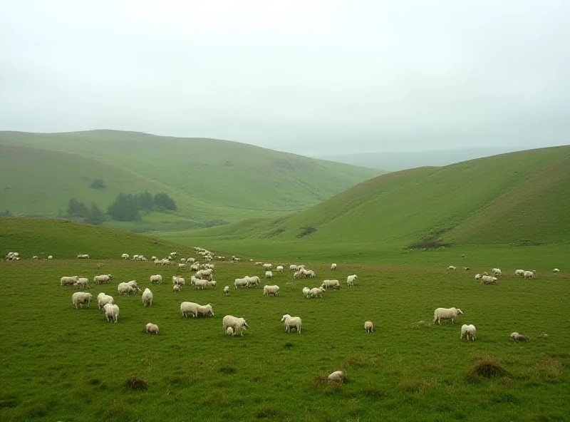 A flock of sheep grazing on the vast, hilly landscape of Dartmoor in overcast weather.