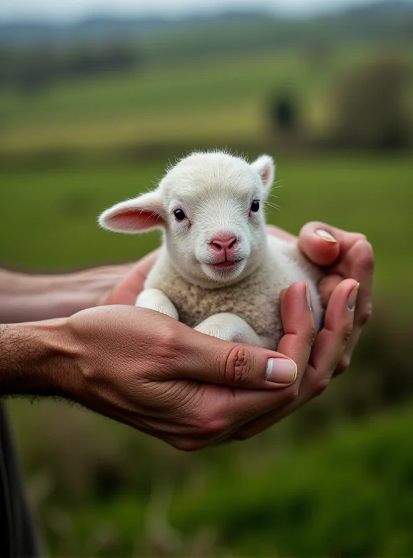 A close-up shot of a farmer's weathered hands holding a lamb, with rolling hills in the background.