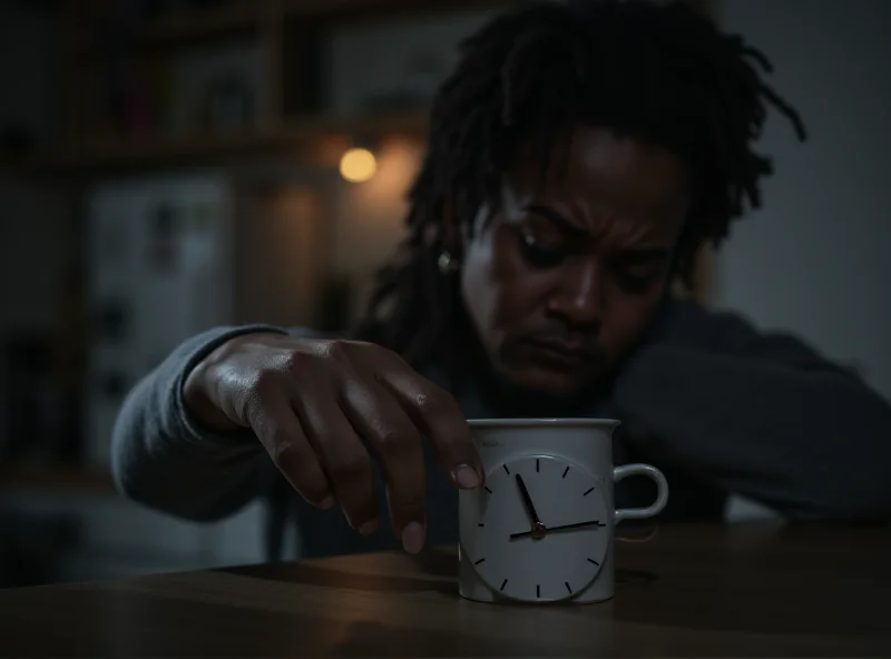 Person looking tired and reaching for coffee in the morning.